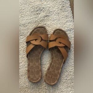 Coach Signature Canvas Slide Sandals – Tan Leather Straps – Size 8.5